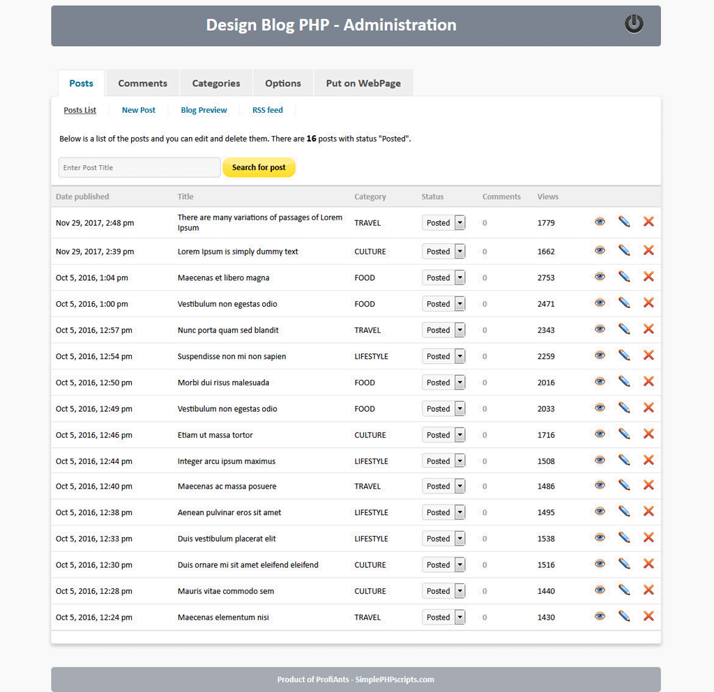 Design Blog PHP - admin area demo