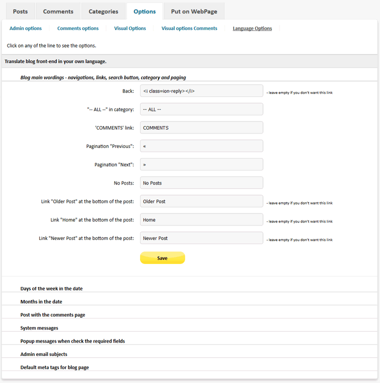 Design Blog PHP - admin language options
