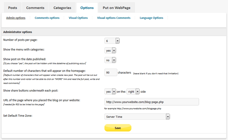 Design Blog PHP - admin options