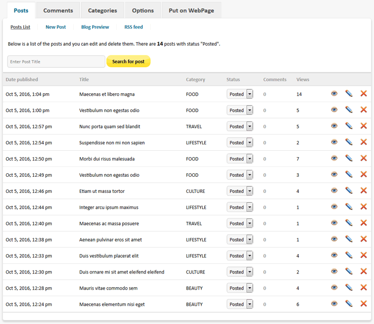 Design Blog PHP - admin area posts list