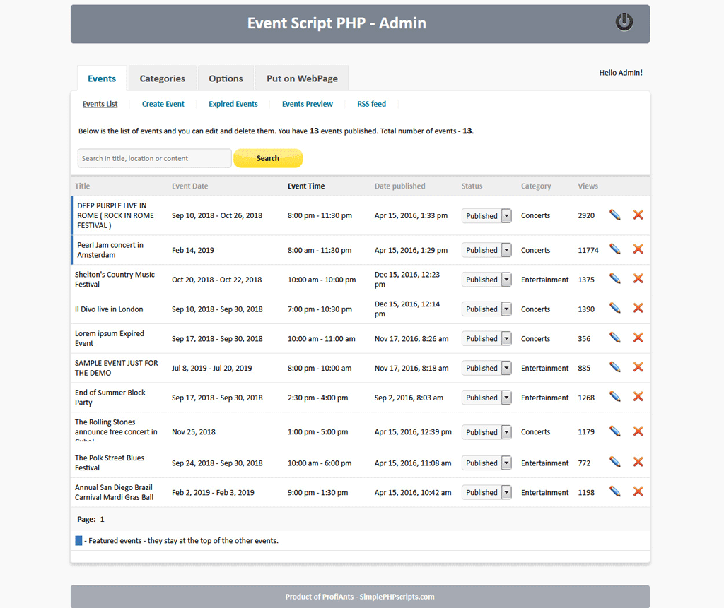 Event Script PHP - admin area demo