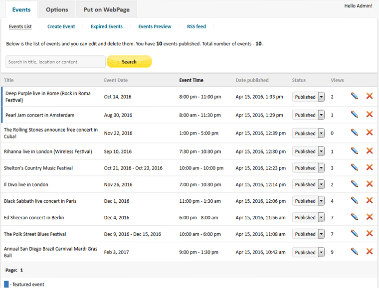 Event Script PHP - admin area events list