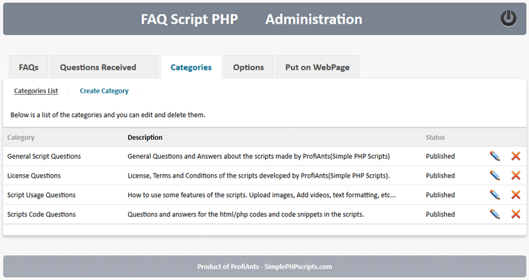 FAQ Script PHP - list of categories