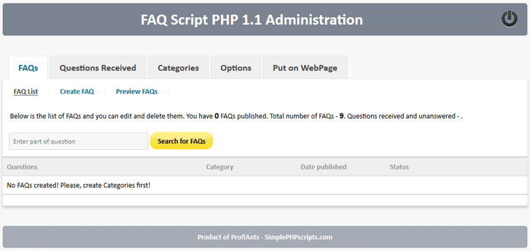 FAQ Script PHP - admin landing page