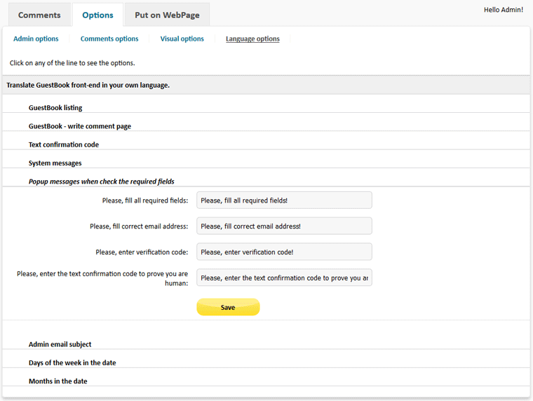 GuestBook Script PHP - Language options