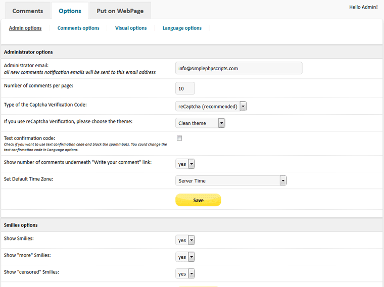 GuestBook Script PHP - Admin options