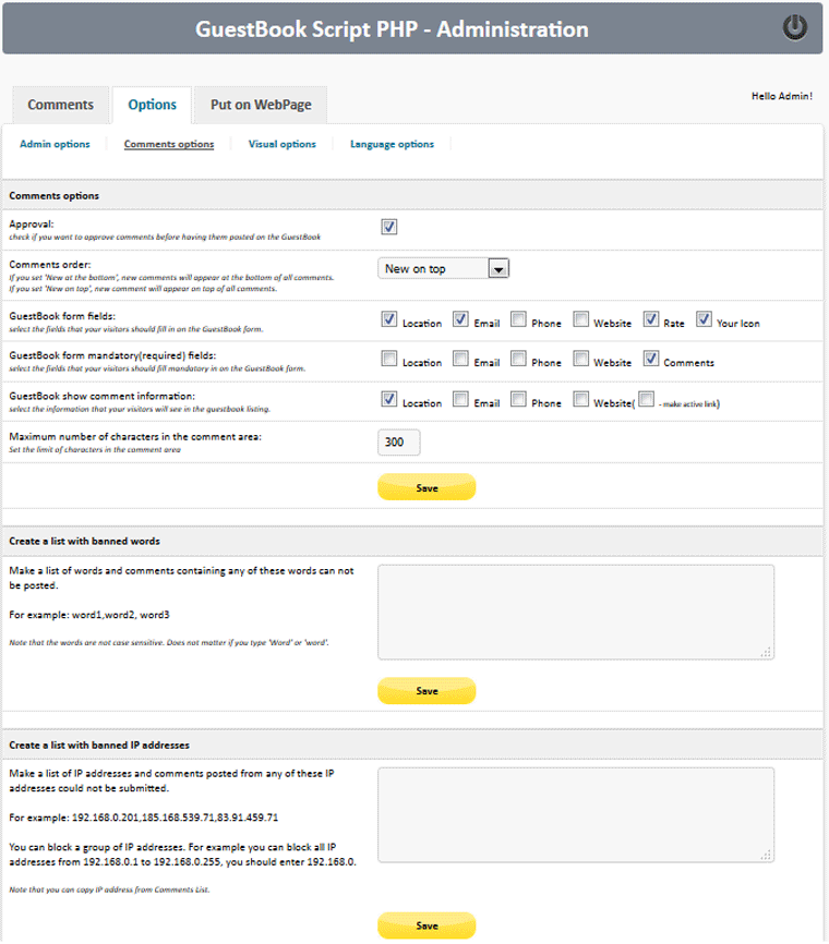 GuestBook Script PHP - Comments Options