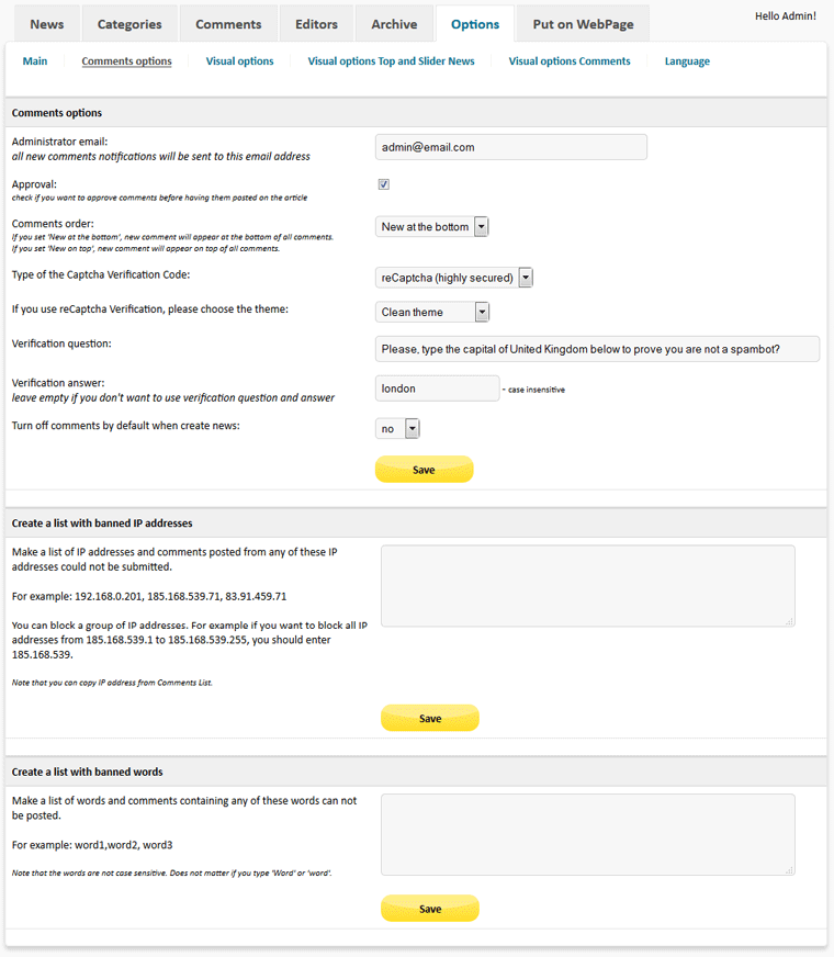 News Script PHP Pro - comment options in admin area