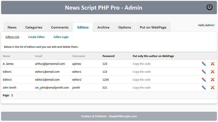 News Script PHP Pro - created editors by administrator