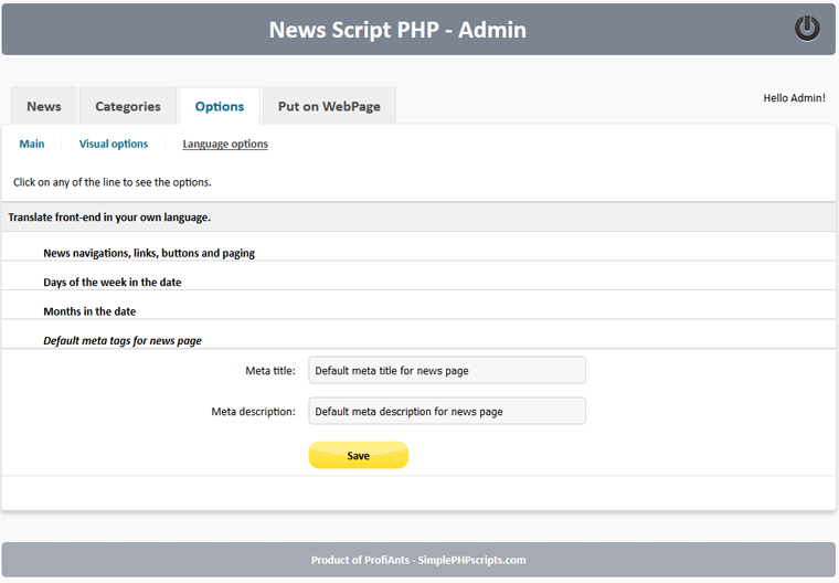 News Admin Language options