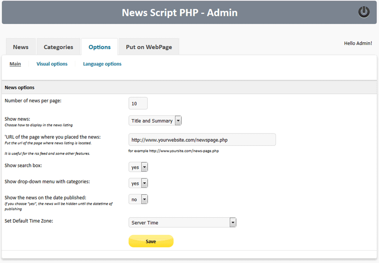 Admin News Options