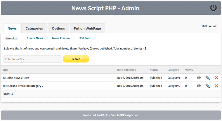 News Script PHP admin homepage
