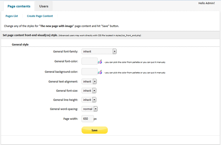 Simple CMS PHP - change css of the page content