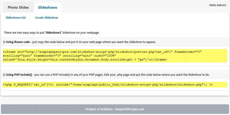 Slideshow Script PHP - admin put slideshow on webpage