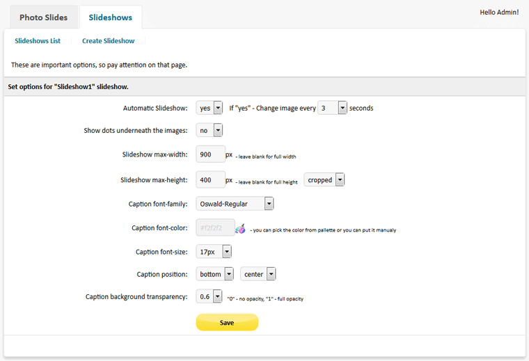 Slideshow Script PHP - slideshows options